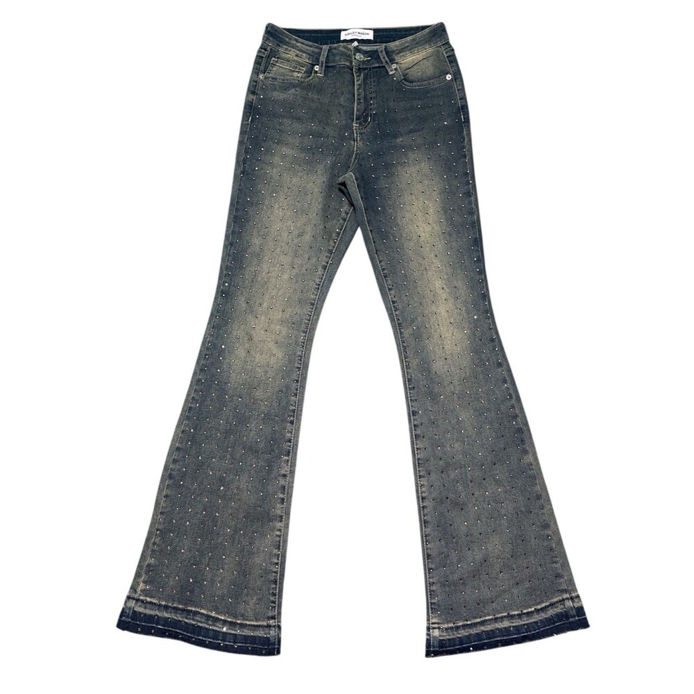 Ashley Mason Premium Jeans 7/28 Blue Rhinestone Studded Bootcut Stretch 27x30